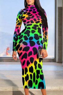 Red Green Casual Print Patchwork O Neck Long Dresses