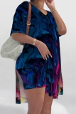 Tibetan Blue Casual Print Slit V Neck Short Sleeve Two Pieces