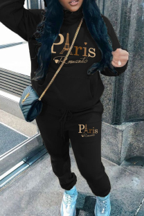 Black Casual Print Pocket Patchwork Hooded Long Sleeve Two Pieces