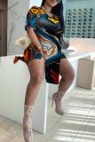 Tibetan Blue Casual Print Slit V Neck Short Sleeve Two Pieces