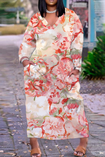 Coral Powder Casual Floral Print Basic V Neck Long Plus Size Dresses