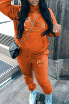 Orange Casual Print Pocket Patchwork Hooded Long Sleeve Two Pieces