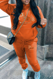 Orange Casual Print Pocket Patchwork Hooded Long Sleeve Two Pieces