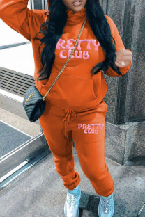 Orange Casual Print Pocket Patchwork Hooded Long Sleeve Two Pieces