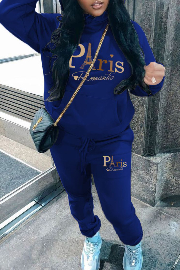 Blue Casual Print Pocket Patchwork Hooded Long Sleeve Two Pieces