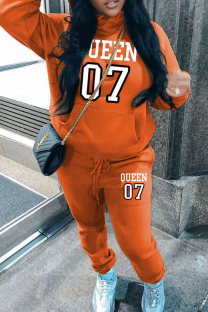 Orange Casual Print Pocket Patchwork Hooded Long Sleeve Two Pieces