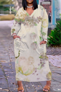 Apricot Casual Floral Print Basic V Neck Long Plus Size Dresses