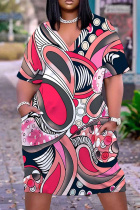 Red Casual Print Pocket V Neck Short Sleeve Plus Size Dresses