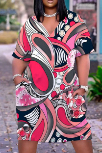 Red Casual Print Pocket V Neck Short Sleeve Plus Size Dresses
