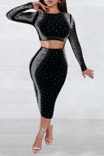 Black Sexy Patchwork Hot Drill O Neck Long Sleeve Two Pieces