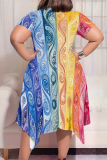 Blue Pink Casual Print Patchwork O Neck Irregular Plus Size Dresses