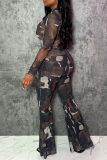 Blue Casual Print Buckle Patchwork V Neck Long Sleeve Two Pieces