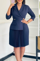 Deep Blue Elegant Solid Color Patchwork Pleated Turn-back Collar Long Dresses