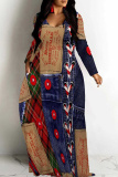 Green Purple Casual Faux Denim Print Patchwork V Neck Long Dresses