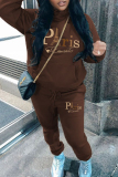 Brown Casual Print Pocket Patchwork Hooded Long Sleeve Two Pieces