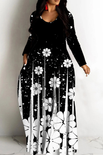 Black Casual Print Basic V Neck Long Dresses