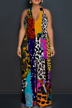 Red Orange Casual Print Patchwork Backless Halter Loose Jumpsuits