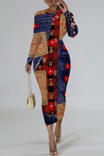 Red Casual Print Patchwork Long Sleeve Dresses