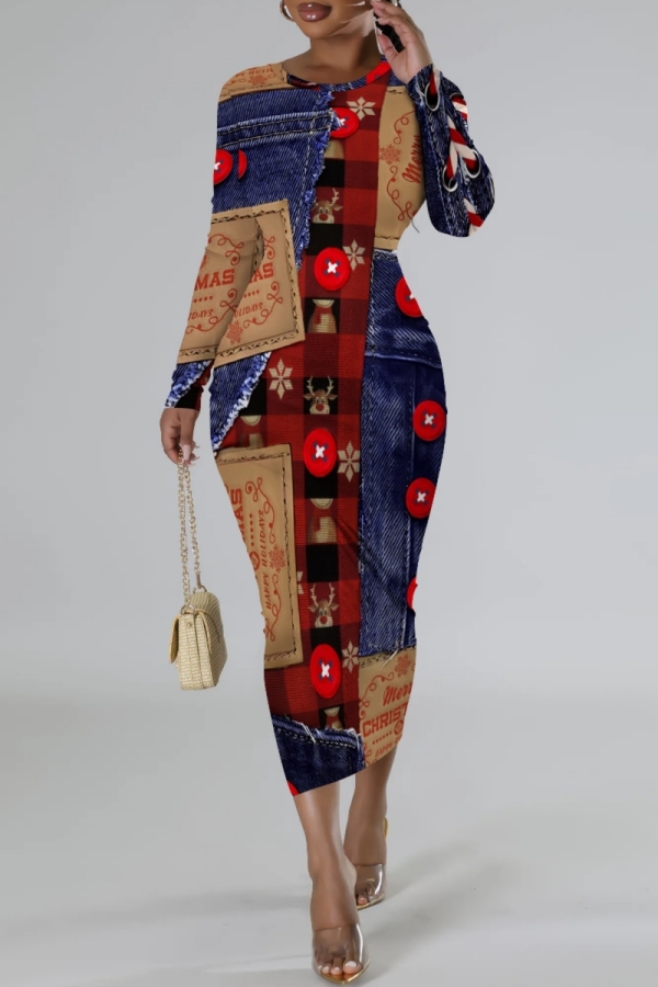Red Casual Print Patchwork Long Sleeve Dresses