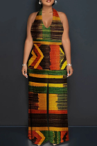 Green Yellow Casual Print Patchwork Backless Halter Loose Jumpsuits