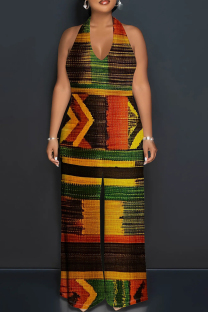 Green Yellow Casual Print Patchwork Backless Halter Loose Jumpsuits