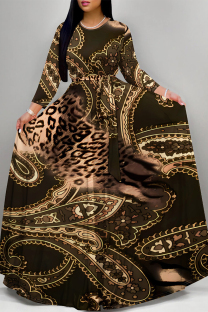 Coffee Elegant Striped Print Flowers Leopard Lace Up Contrast O Neck Printed Dresses