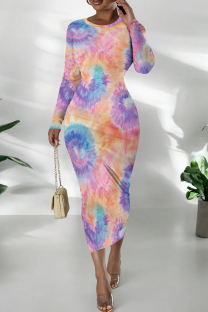 Pink Casual Print Patchwork O Neck Wrapped Skirt Dresses