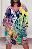 Blue Casual Street Colorblock Geometric Print Pocket Contrast V Neck Printed Plus Size Dresses
