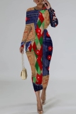 Purple Casual Print Patchwork Long Sleeve Dresses