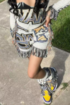 White Casual Print Fringed Trim Patchwork Straight Mid Waist Patchwork Bottoms