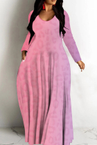 Pink Purple Casual Print Basic V Neck Long Dresses