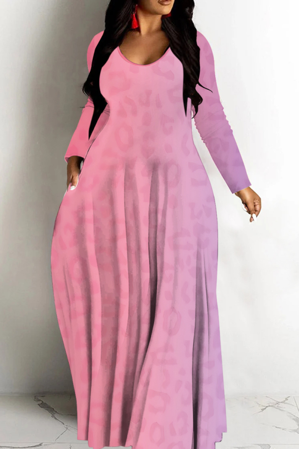 Pink Purple Casual Print Basic V Neck Long Dresses