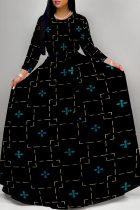 Black Elegant Striped Print Flowers Leopard Lace Up Contrast O Neck Printed Dresses