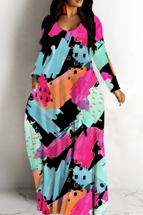 Black Casual Print Basic V Neck Long Dresses
