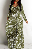 Green Casual Print Basic V Neck Long Dresses