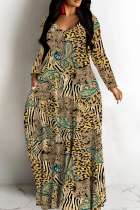Khaki Casual Print Basic V Neck Long Dresses