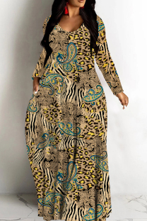 Khaki Casual Print Basic V Neck Long Dresses