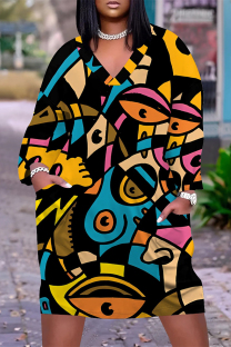 Multicolor Casual Street Colorblock Geometric Print Pocket Contrast V Neck Printed Plus Size Dresses