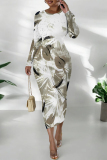 White Casual Street Geometric Print Contrast O Neck Printed Dresses