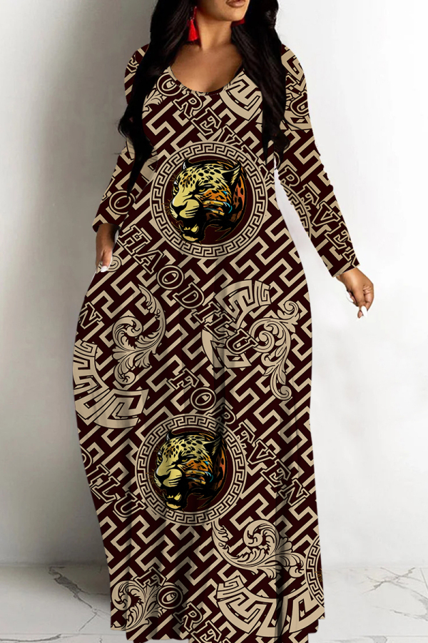 Dark Brown Casual Print Basic V Neck Long Dresses