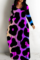 Purple Casual Print Basic V Neck Long Dresses