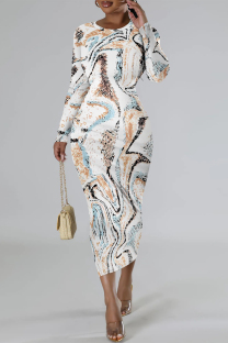 Orange White Casual Street Geometric Print Contrast O Neck Printed Dresses