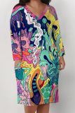 Blue Casual Street Colorblock Geometric Print Pocket Contrast V Neck Printed Plus Size Dresses