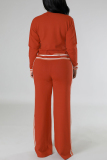 Apricot Casual Stripe Patchwork Contrast O Neck Long Sleeve Two Pieces