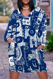 Blue Casual Street Colorblock Geometric Print Pocket Contrast V Neck Printed Plus Size Dresses