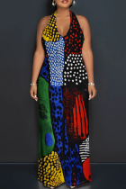 Yellow Red Casual Print Patchwork Backless Halter Loose Jumpsuits