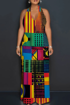 Yellow Orange Casual Print Patchwork Backless Halter Loose Jumpsuits