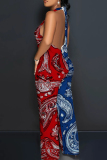Yellow Orange Casual Print Patchwork Backless Halter Loose Jumpsuits