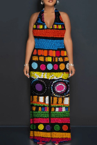 Multicolor Casual Print Patchwork Backless Halter Loose Jumpsuits