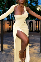 Apricot Casual Solid Color Hollow Out Patchwork Slit Asymmetrical Collar Long Dresses